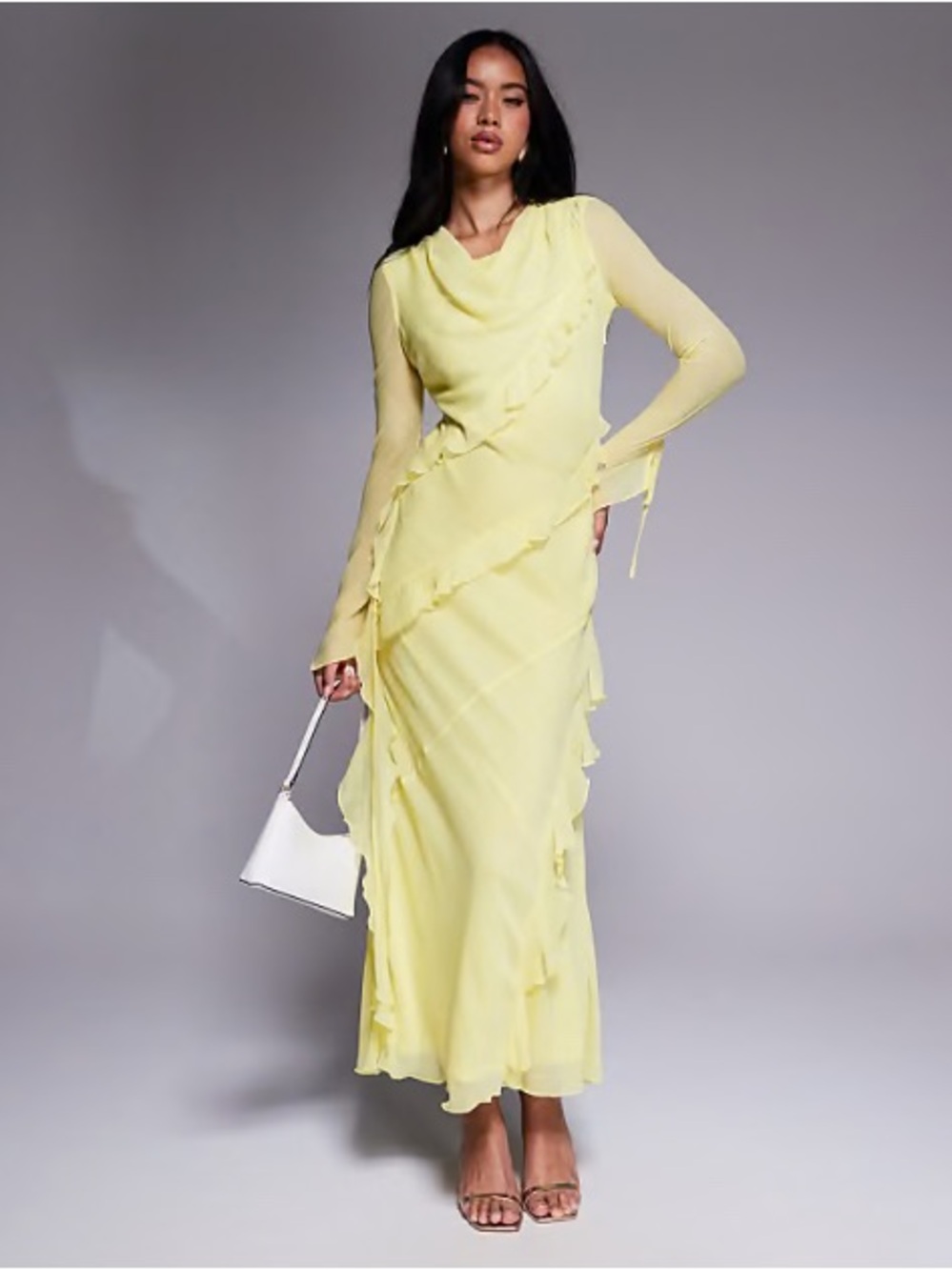 DASKA Chiffon Lemon Yellow Ruffle Maxi Dress XS Wedding Guest Modest Feminine